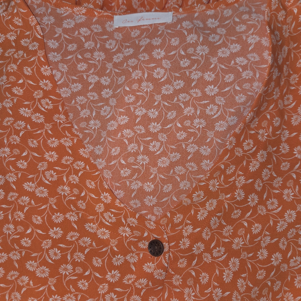 Ces Femme Orange Floral Babydoll Dress Tiered Button Front Side Pockets Size M - Picture 10 of 10